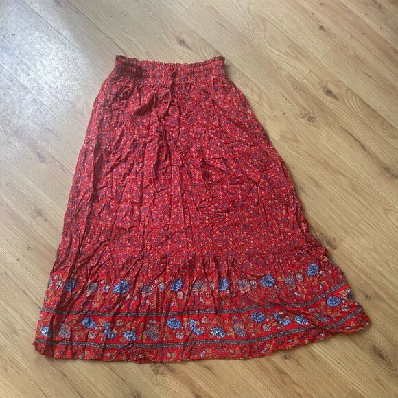 Boho Floral Print Red Prairie Ruffle Maxi Skirt Women's Size Medium - Picture 2 of 6